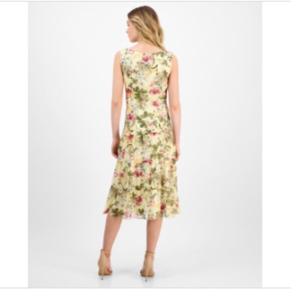 Connected Women's Floral Print Tiered Sleeveless MIDI Dress - Yellow - Picture 3 of 4